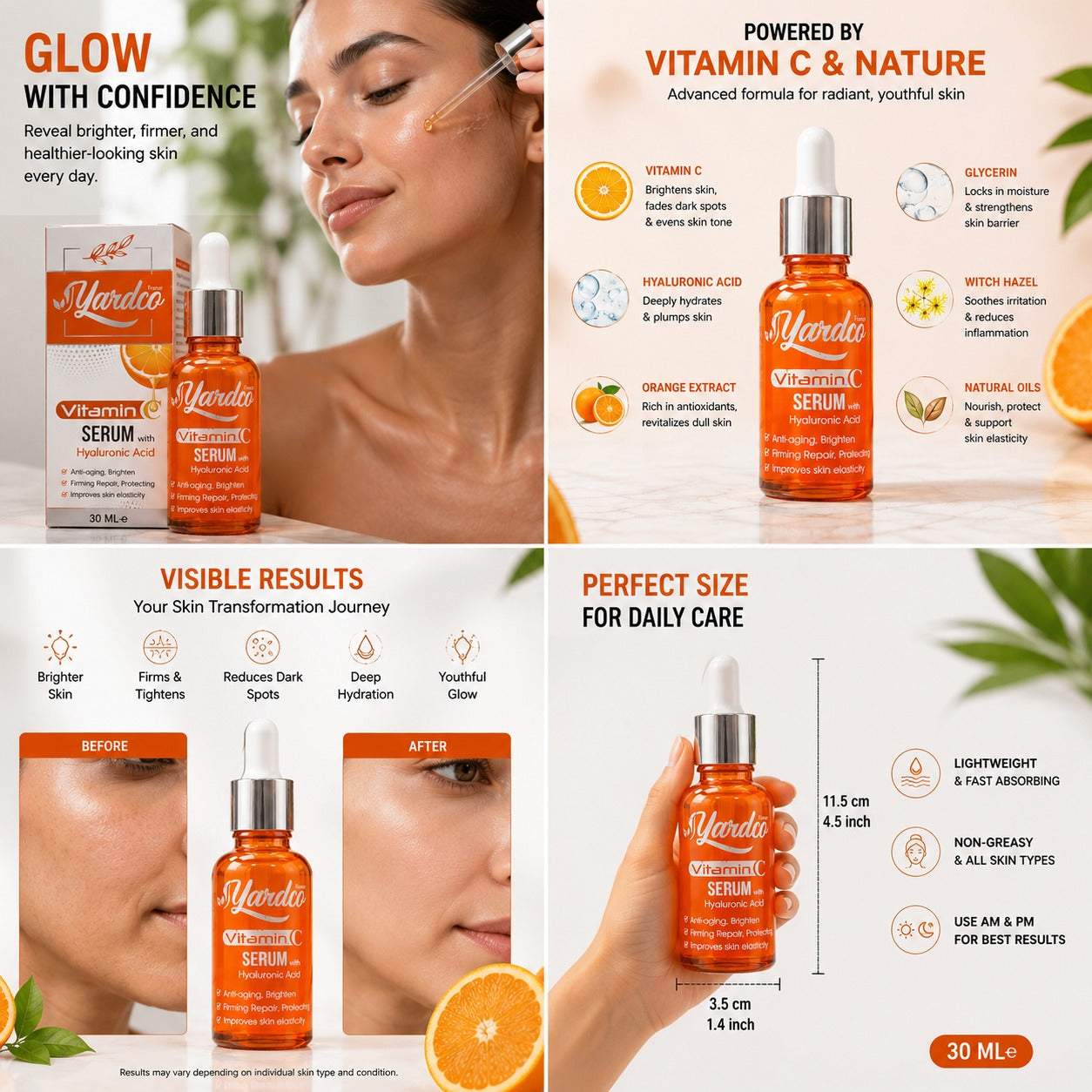 Yardco Vitamin C Face Serum with Hyaluronic Acid – Anti-Aging, Brightening & Hydrating Serum for Glowing Skin | 30ml