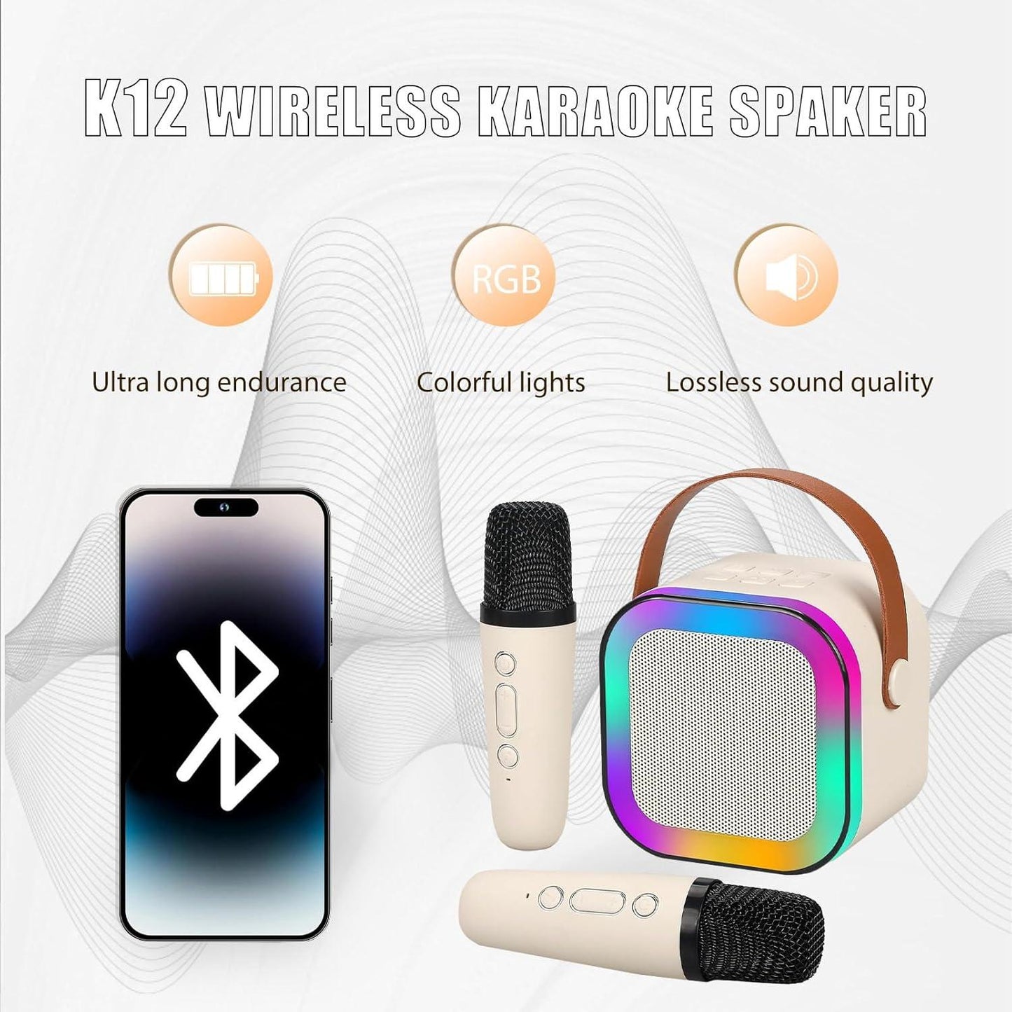 K12 Bluetooth Karaoke Machine with 2 Wireless Microphones & Portable Speaker