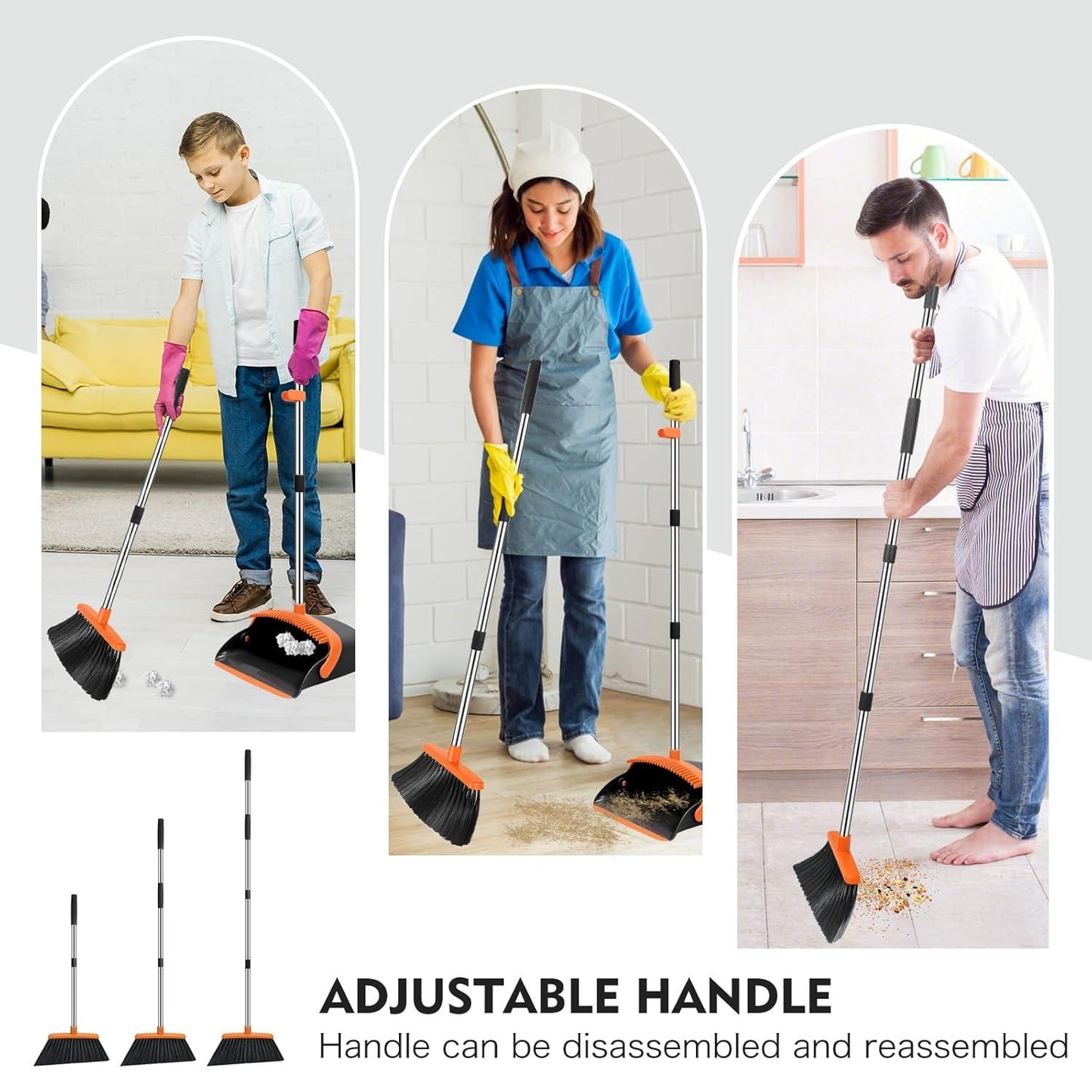Adjustable Broom and Dustpan Set with Self-Cleaning Teeth for Home, Kitchen & Office