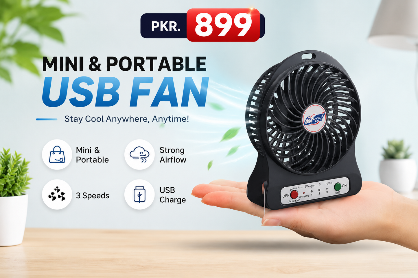Portable Mini Rechargeable USB Fan – Battery Operated Handheld & Desktop Cooling Fan