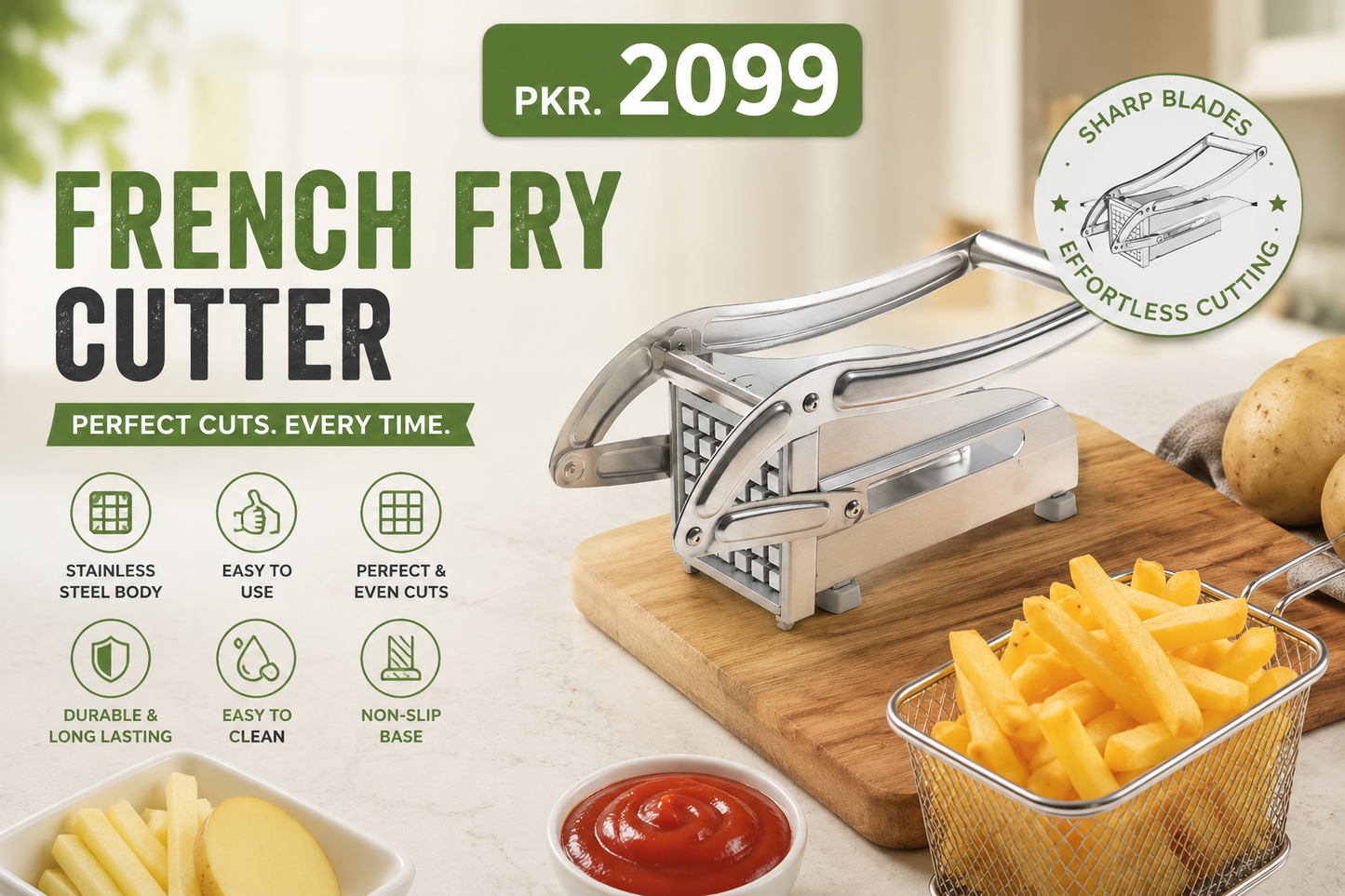 Premium Stainless Steel French Fries Cutter – Double Blade Potato Slicer
