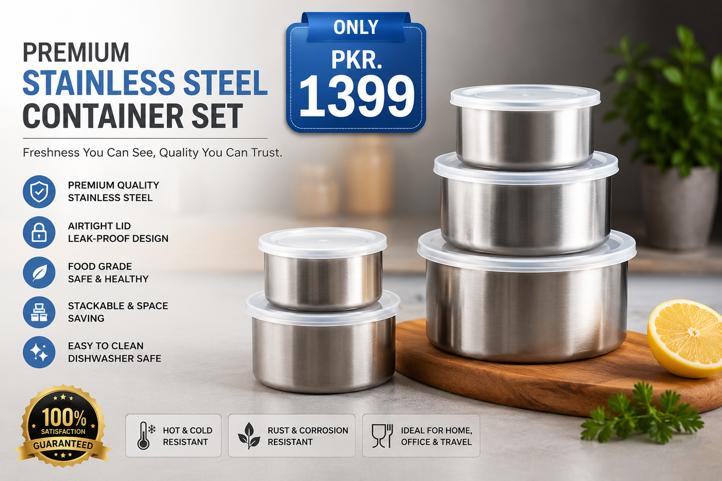 Stainless Steel Kitchen Bowl Set with Lids (Set of 5)