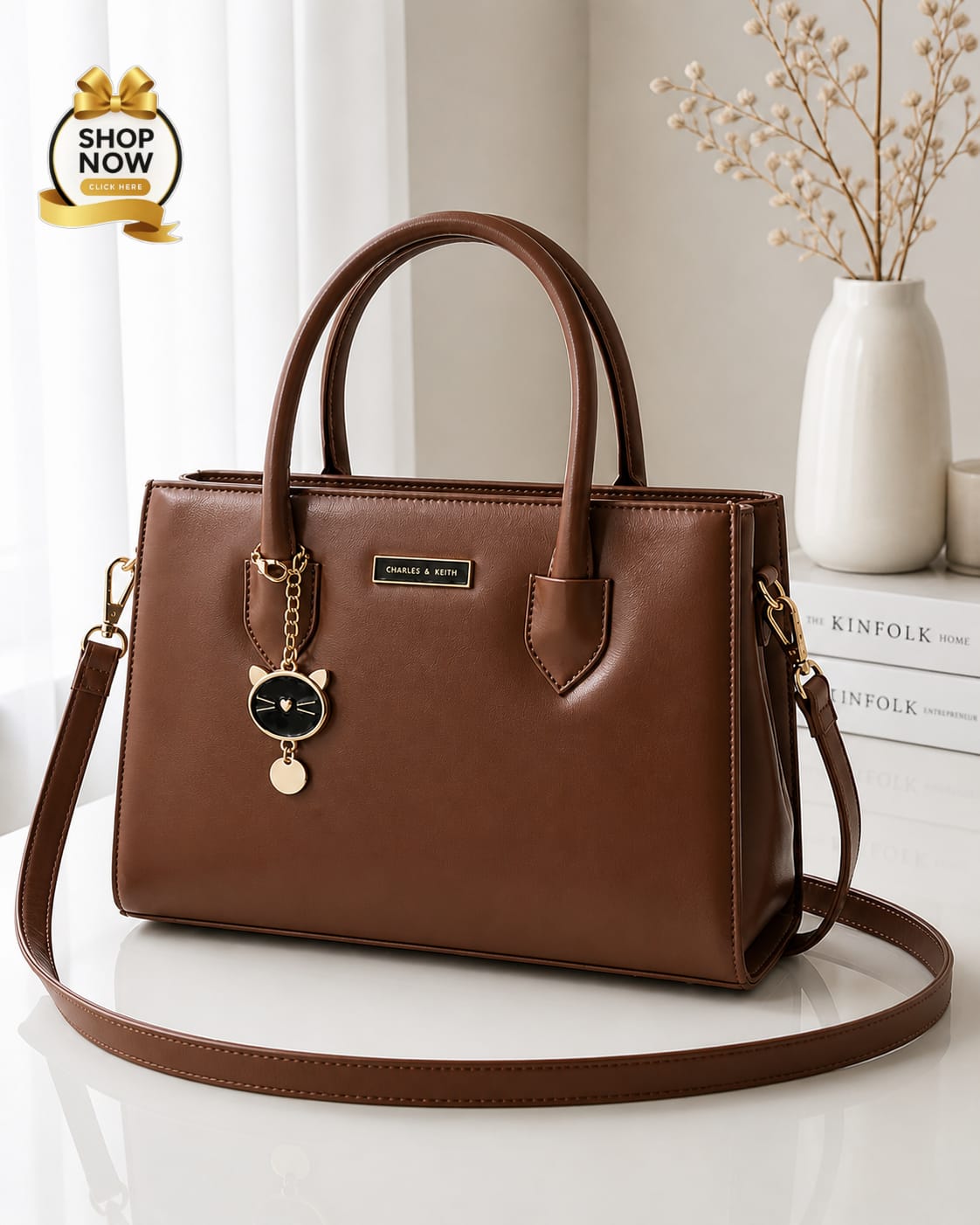 Charles & Keith Beige Double Zipper Shoulder Bag for Women