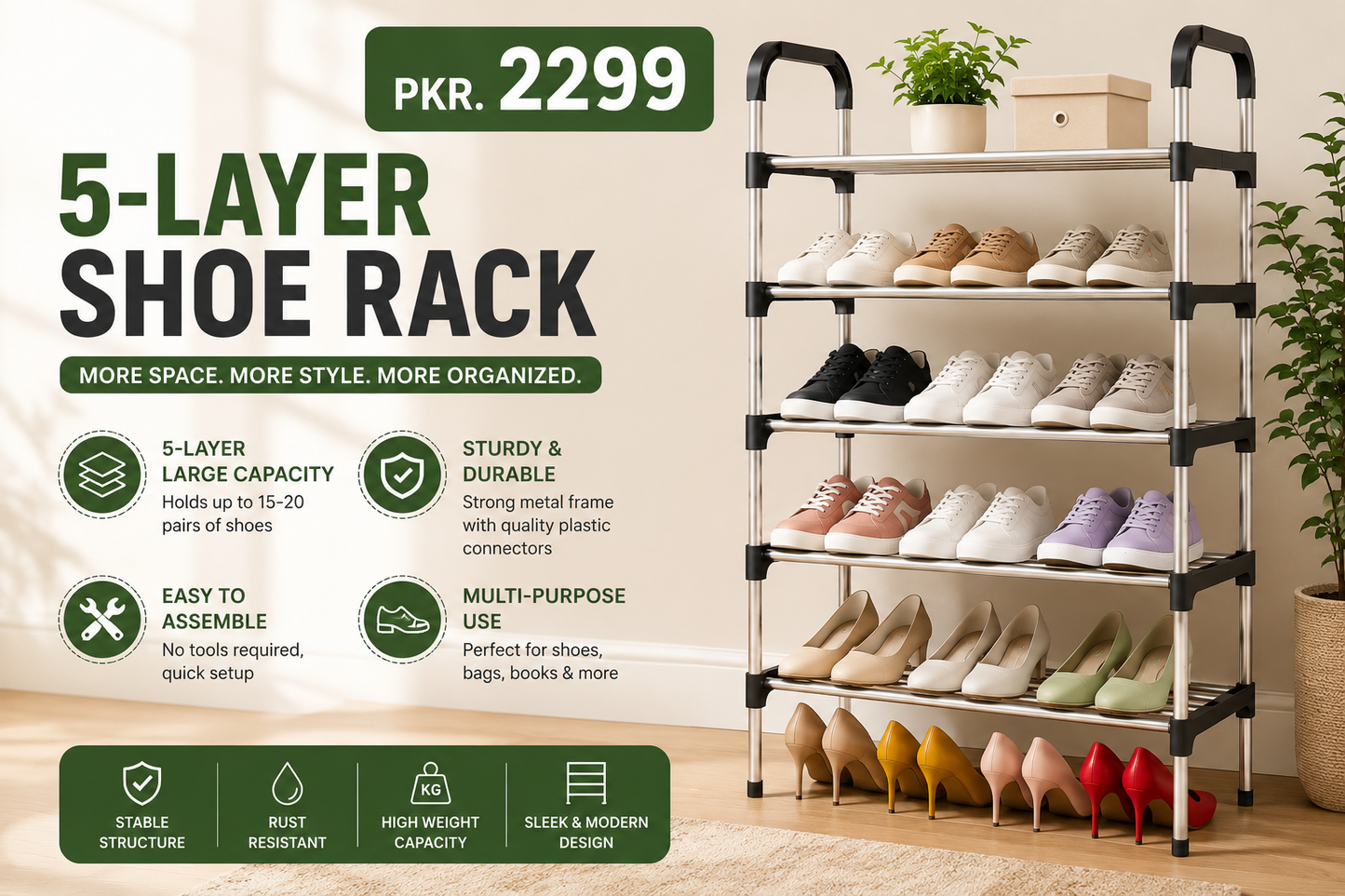 5 Layer Stainless Steel Shoe Rack – Space Saving Home Shoe Organizer