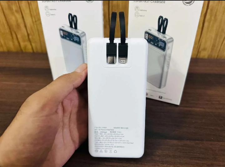 66W Super Fast Charging 20000mAh Power Bank with Built-in Cables – Portable High-Capacity Battery Pack (White)
