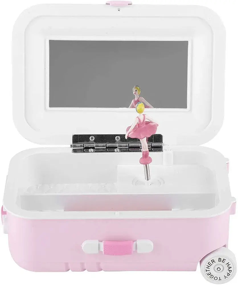 Mini Jewelry Suitcase Music Box with Spinning Ballet Dancer & Cosmetic Storage