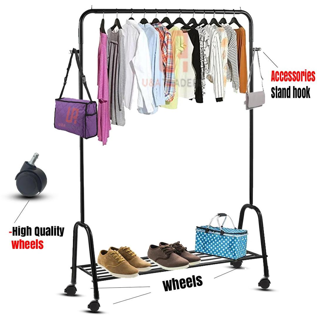 Modern Black Iron Wardrobe Organizer Rack – Space-Saving Clothes Storage & Garment Hanging Stand