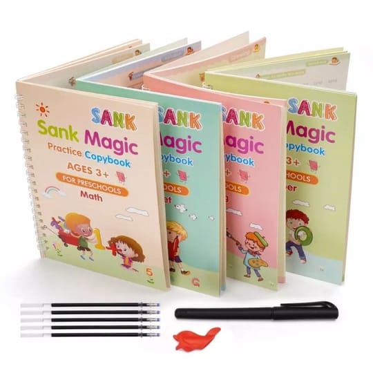 Sank Magic Practice Copybook Set – 4 Reusable Handwriting Books with 10 Magic Ink Refills for Kids