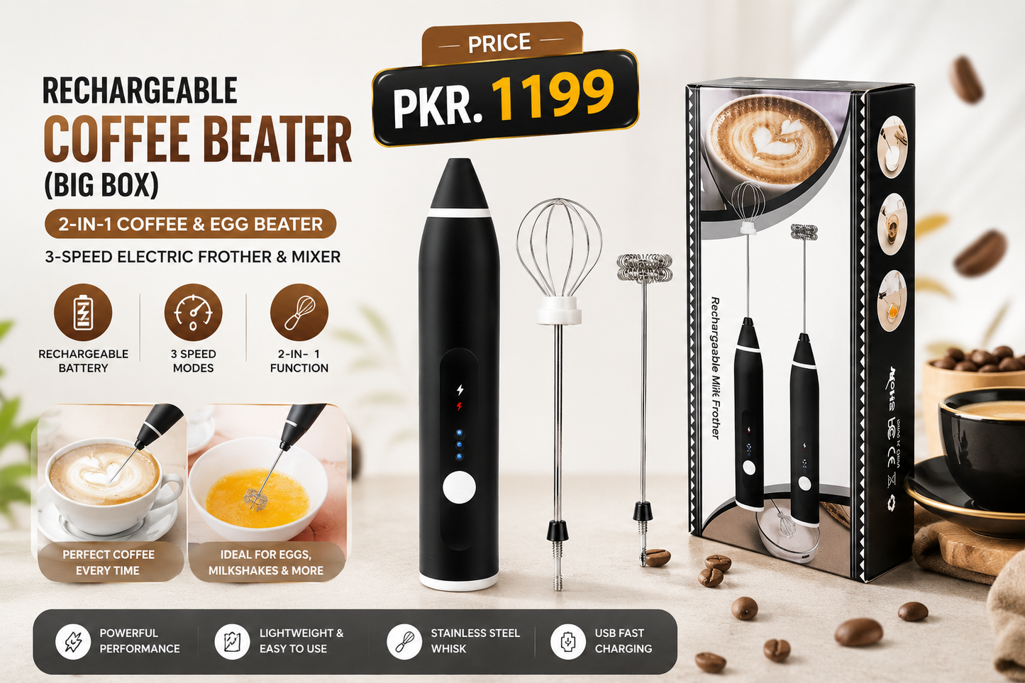 Rechargeable Coffee Beater (Big Box) | 2-in-1 Coffee & Egg Beater | 3-Speed Electric Frother & Mixer