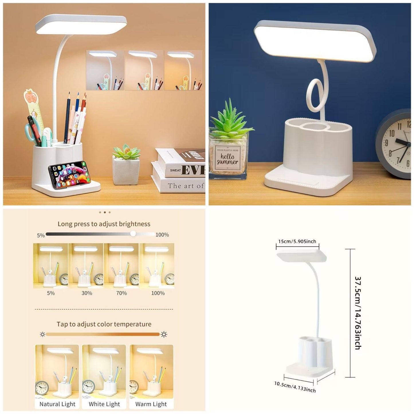 LED Study Lamp with Pen Holder & Phone Stand – Touch Dimmable Desk Light
