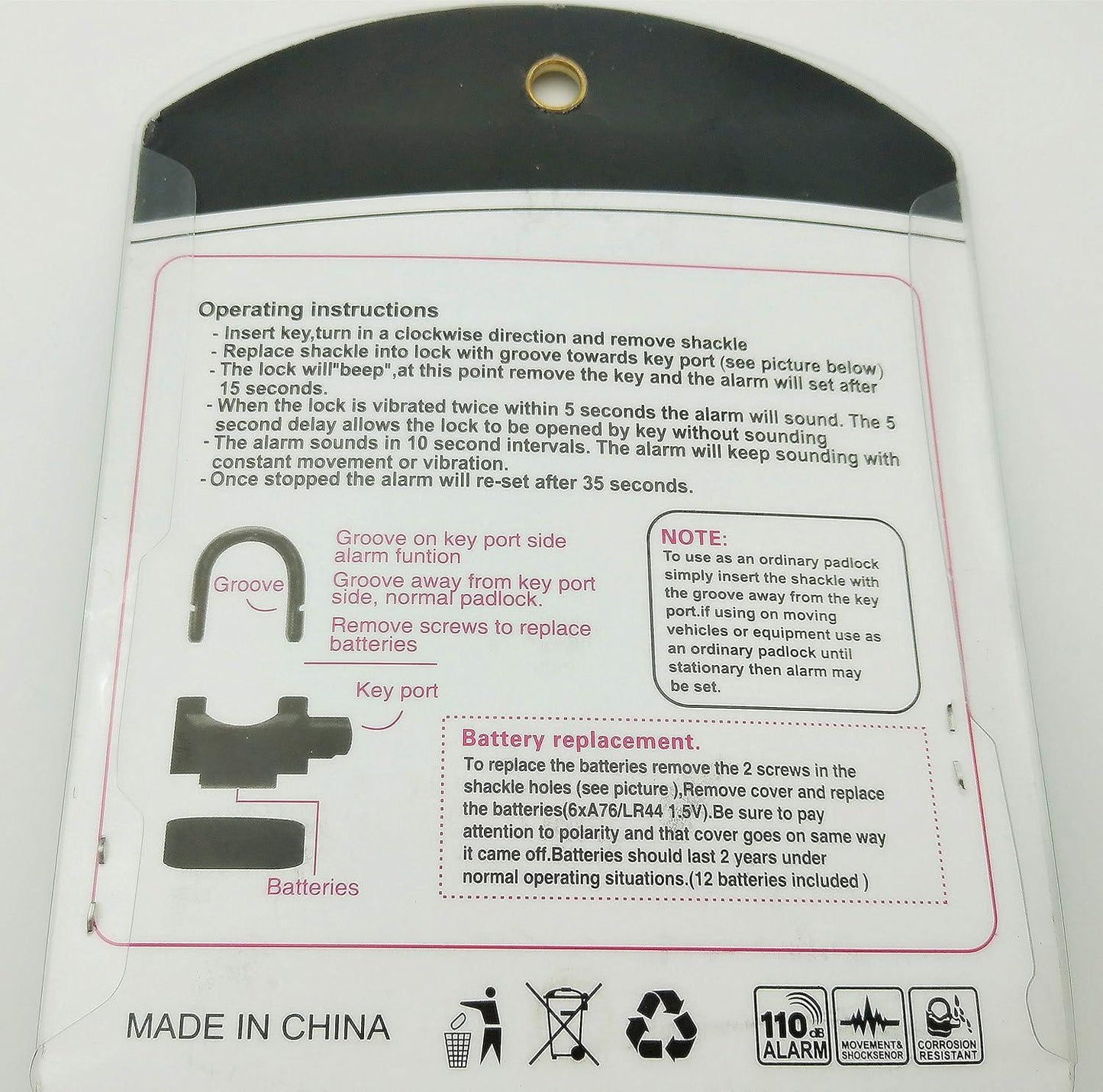 110dB Waterproof Anti-Theft Alarm Padlock with Heavy-Duty Security Lock & 3 Keys