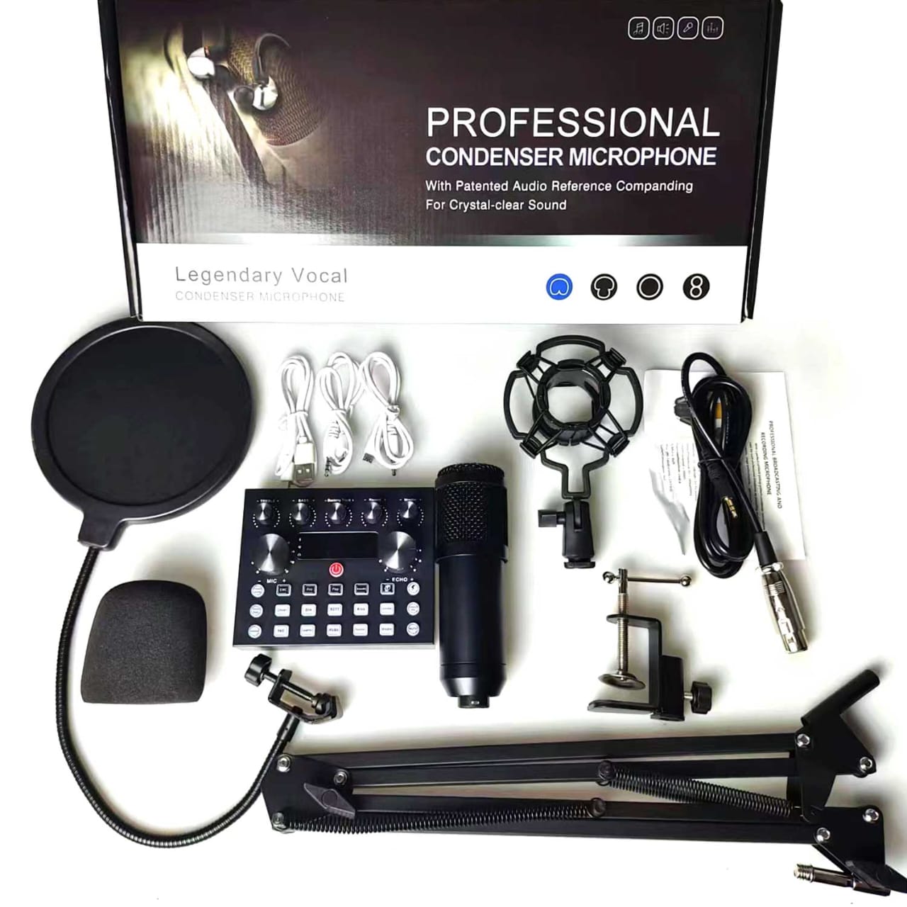 V10 BM-800 Professional Podcast Microphone Kit with Live Sound Card & Adjustable Arm Stand