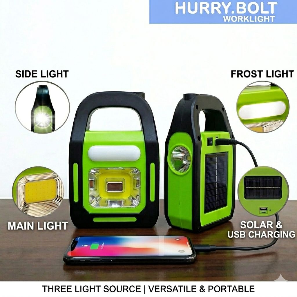 Solar Rechargeable 3-in-1 LED Emergency Light – Portable Flashlight, Work Light & Power Bank