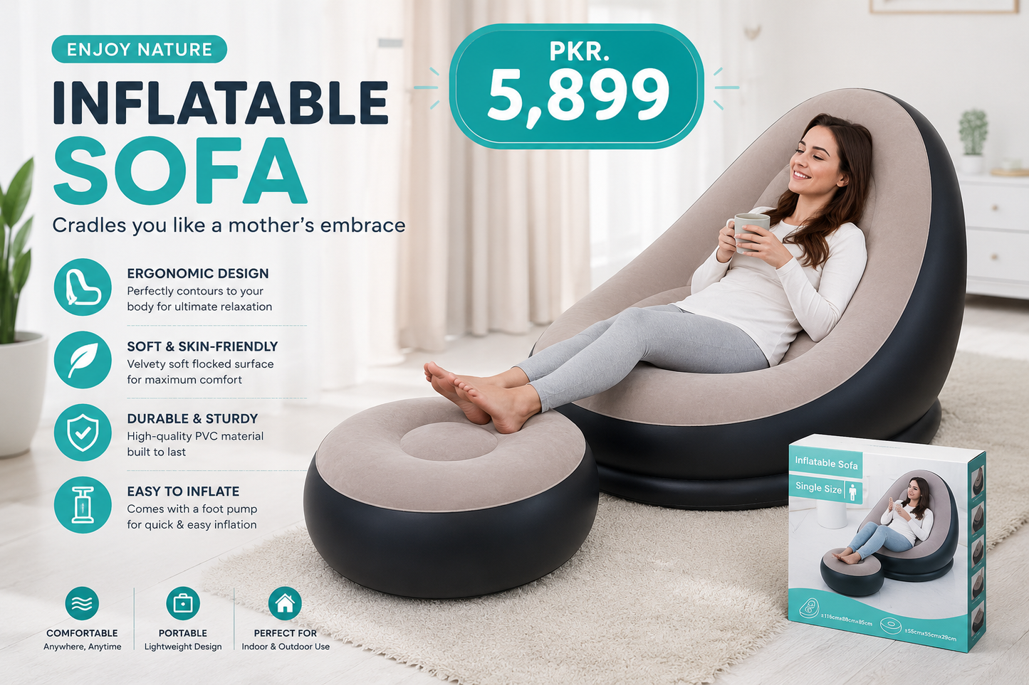 Luxury Inflatable Lounge Chair & Ottoman Set | Modern Air Sofa with Air Compressor for Living Room & Bedroom
