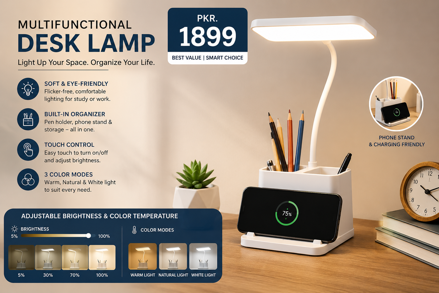 LED Study Lamp with Pen Holder & Phone Stand – Touch Dimmable Desk Light