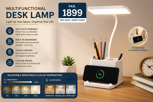LED Study Lamp with Pen Holder & Phone Stand – Touch Dimmable Desk Light