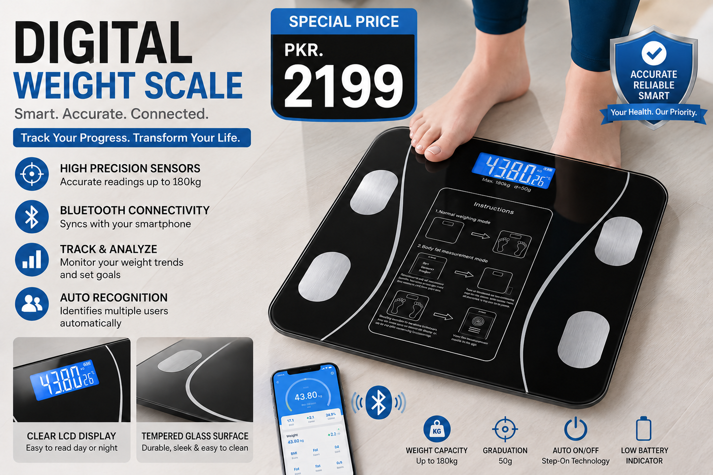 Smart Bluetooth Body Fat & BMI Analyzer Weight Scale with App – Glossy Black