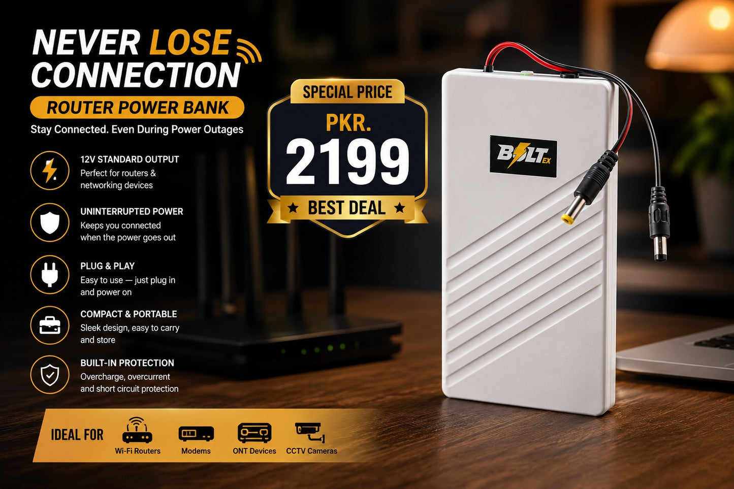Bolt EX 12V Router UPS Power Bank 20000mAh – High Performance WiFi Backup Battery for 3–4 Hours Internet Continuity