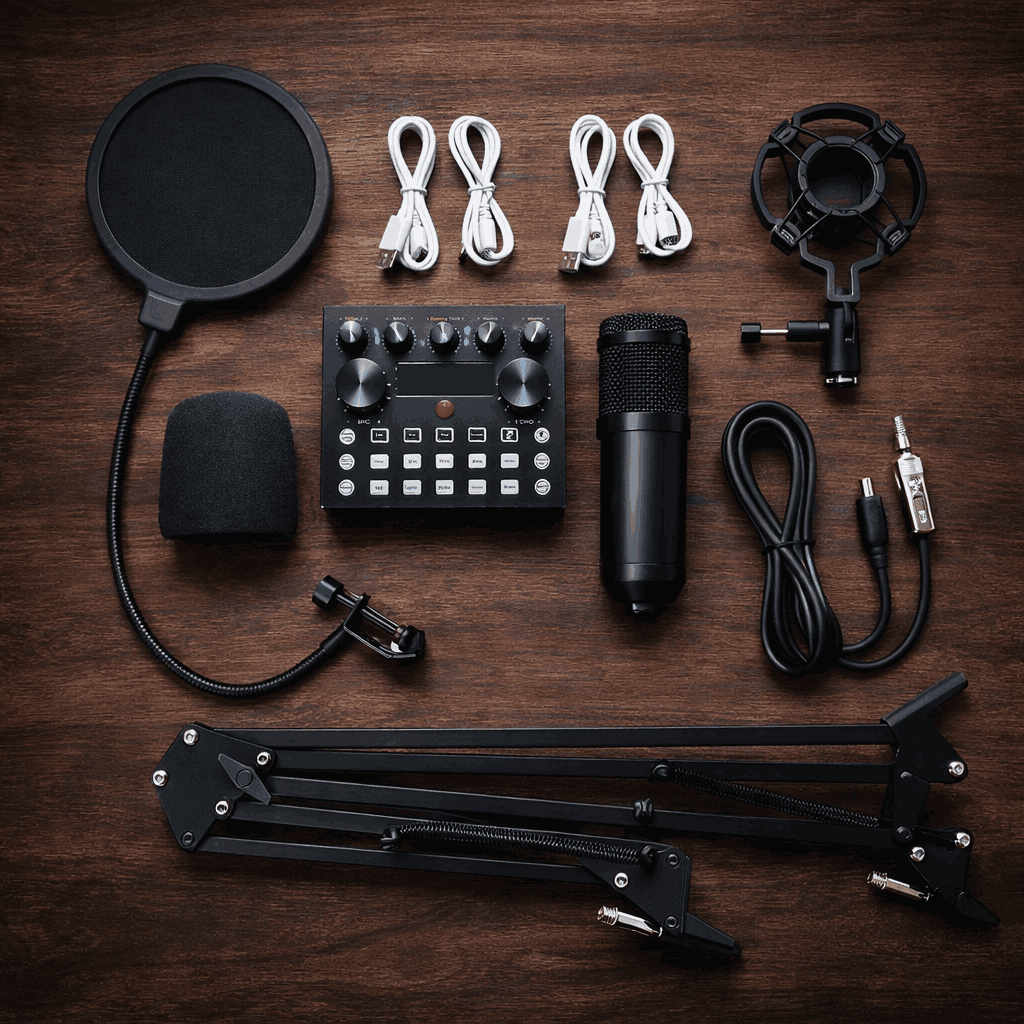 V10 BM-800 Professional Podcast Microphone Kit with Live Sound Card & Adjustable Arm Stand