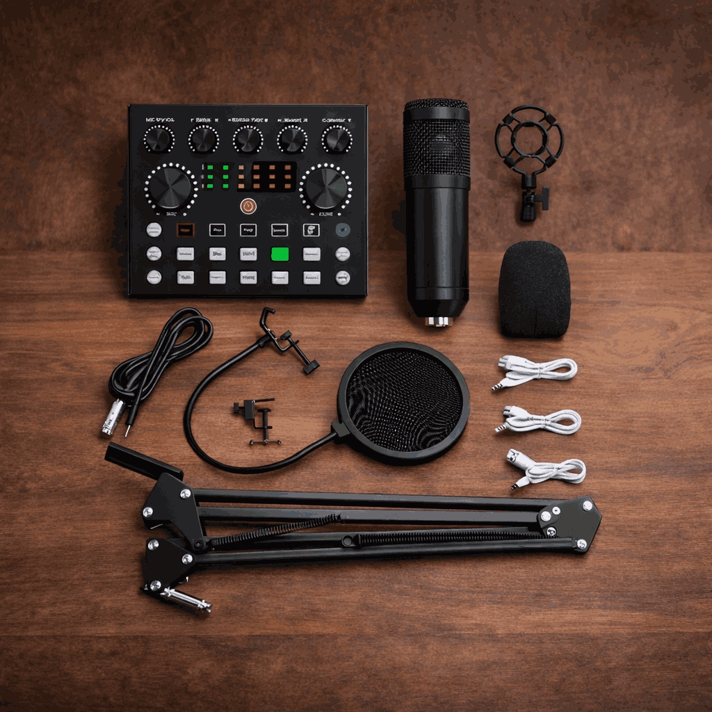 V10 BM-800 Professional Podcast Microphone Kit with Live Sound Card & Adjustable Arm Stand