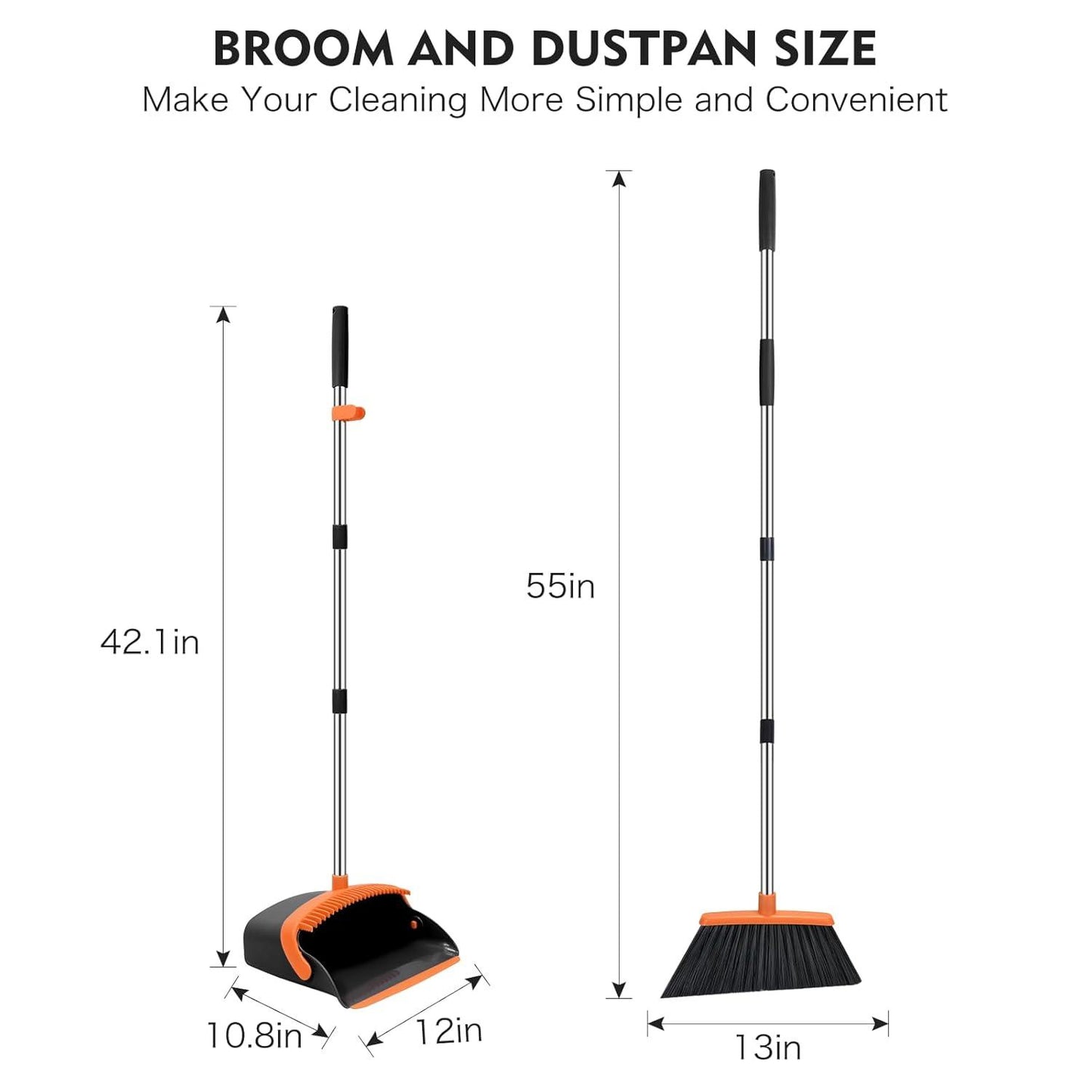 Adjustable Broom and Dustpan Set with Self-Cleaning Teeth for Home, Kitchen & Office