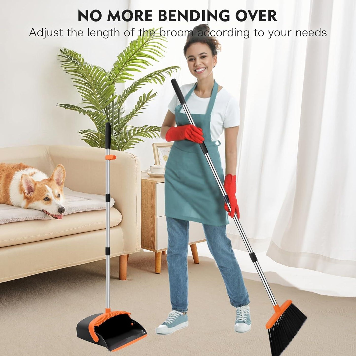 Adjustable Broom and Dustpan Set with Self-Cleaning Teeth for Home, Kitchen & Office