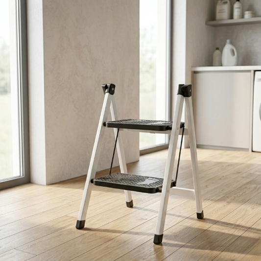2-Step Folding Ladder Stool – Anti-Slip Safety Steps | Compact Heavy-Duty Metal Frame