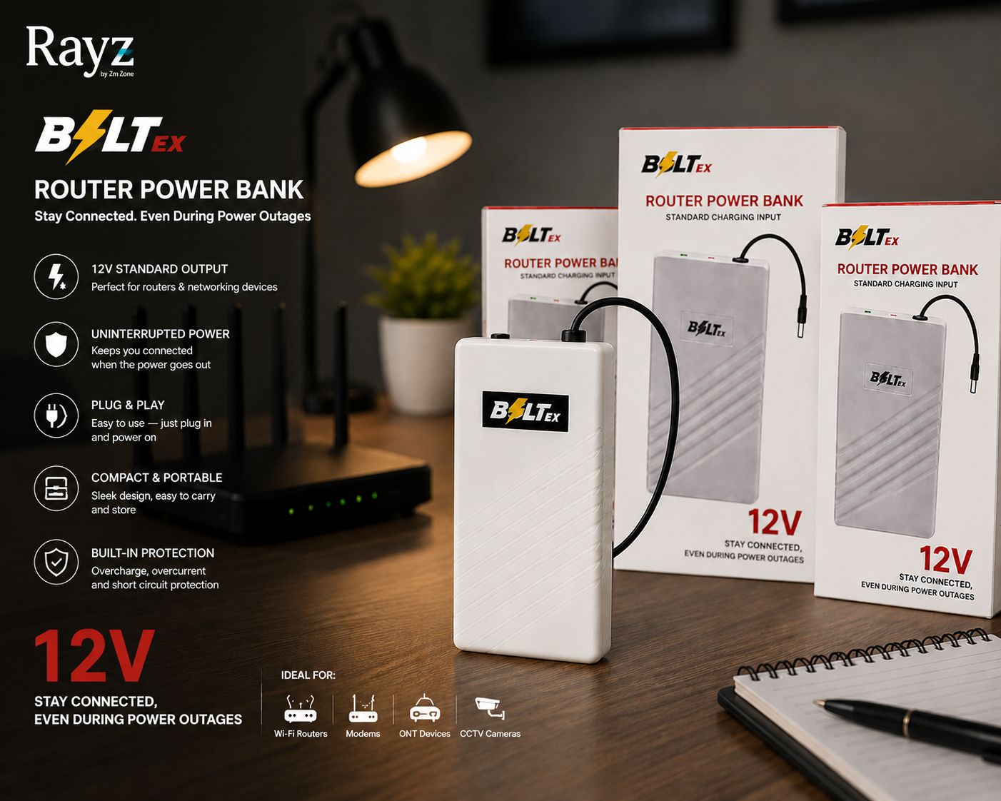 Bolt EX 12V Router UPS Power Bank 20000mAh – High Performance WiFi Backup Battery for 3–4 Hours Internet Continuity