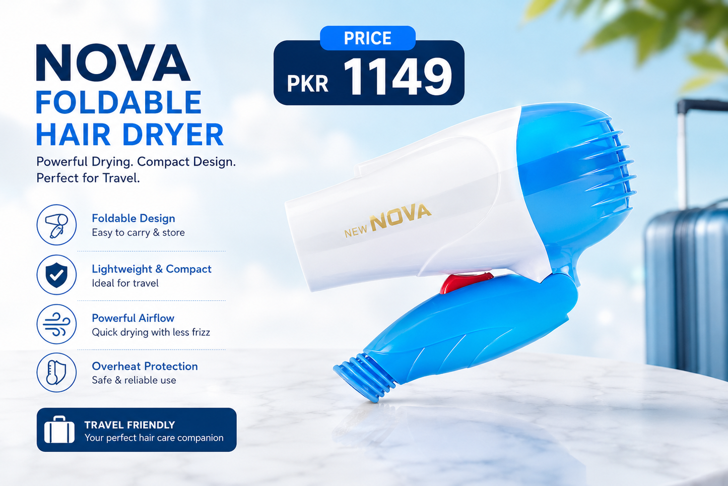 Professional Foldable 1000W Hair Dryer – Portable Fast-Drying Hair Styling Blow Dryer for Men & Women