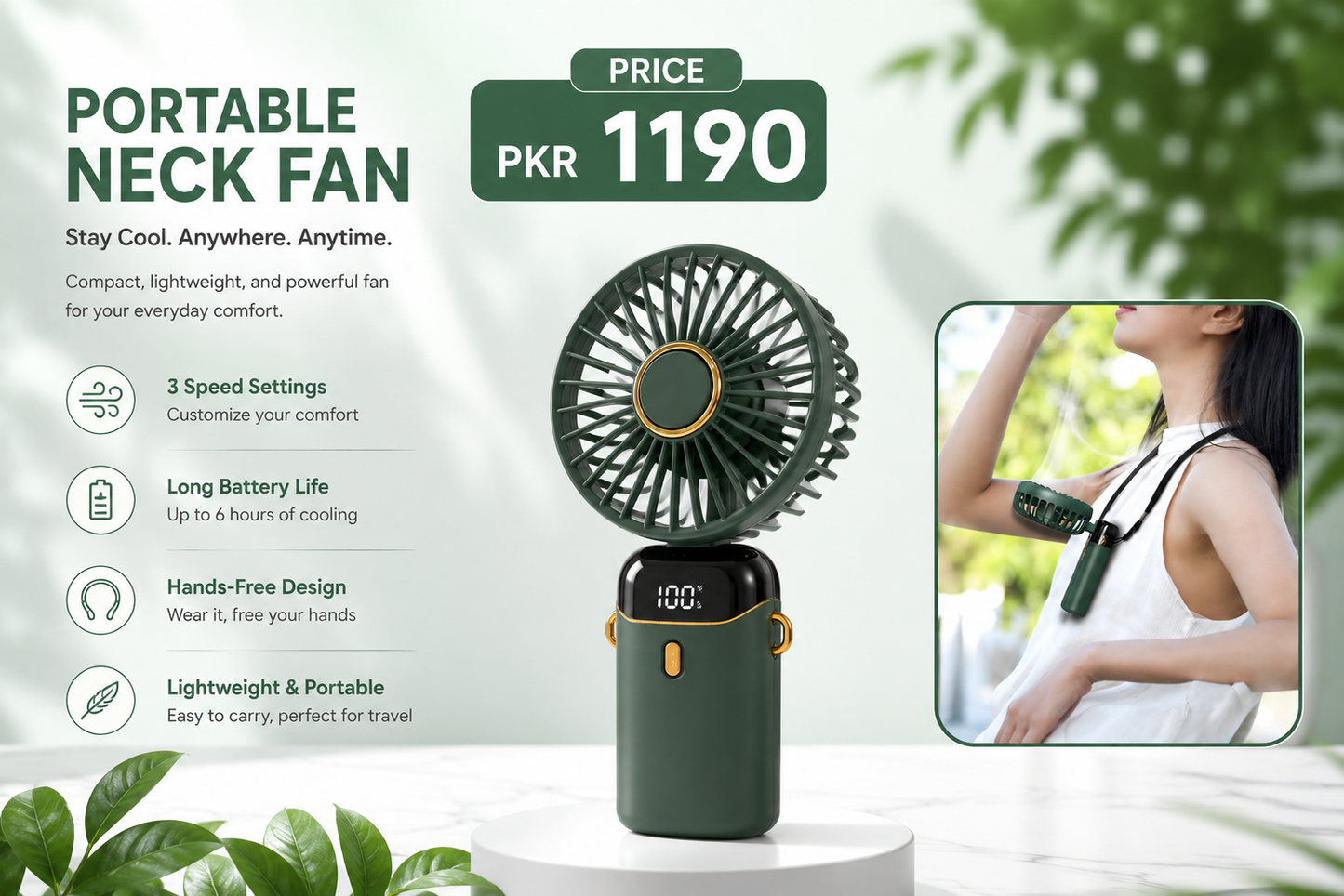 Portable Foldable Neck Fan with LED Display – 5 Speed Rechargeable USB Hands-Free Fan & Phone Stand