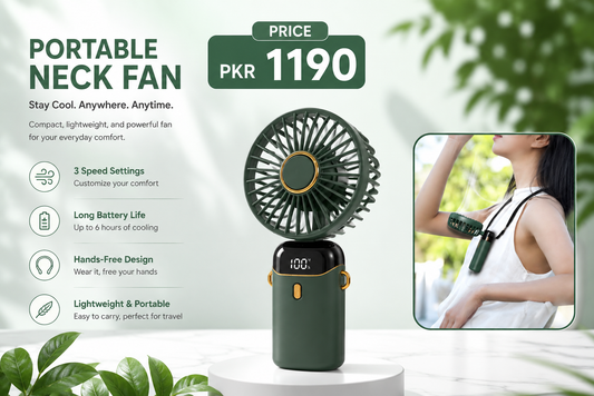 Portable Foldable Neck Fan with LED Display – 5 Speed Rechargeable USB Hands-Free Fan & Phone Stand