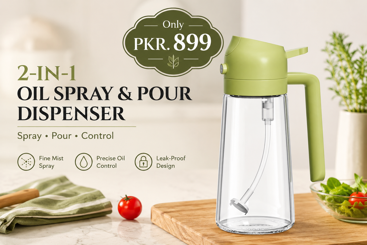 2-in-1 Oil Sprayer & Dispenser Bottle 470ml – Leak-Proof Glass Oil Spray Bottle for Cooking, Air Fryer, BBQ & Baking (Random Color)