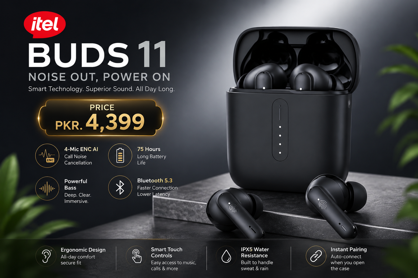 itel Buds Ace Pro True Wireless Earbuds | 75H Playback, 4-Mic AI ENC Noise Cancellation & Deep Bass Sound - Black