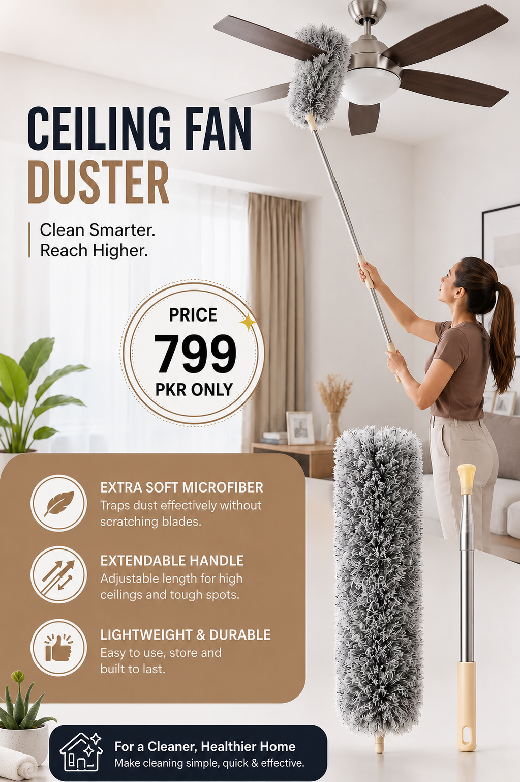 Extendable Microfiber Duster with Bendable Head & Stainless Steel Pole for Ceiling Fans, Furniture, Cars & High Ceilings – Gray