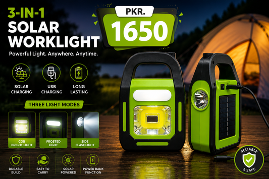 Solar Rechargeable 3-in-1 LED Emergency Light – Portable Flashlight, Work Light & Power Bank