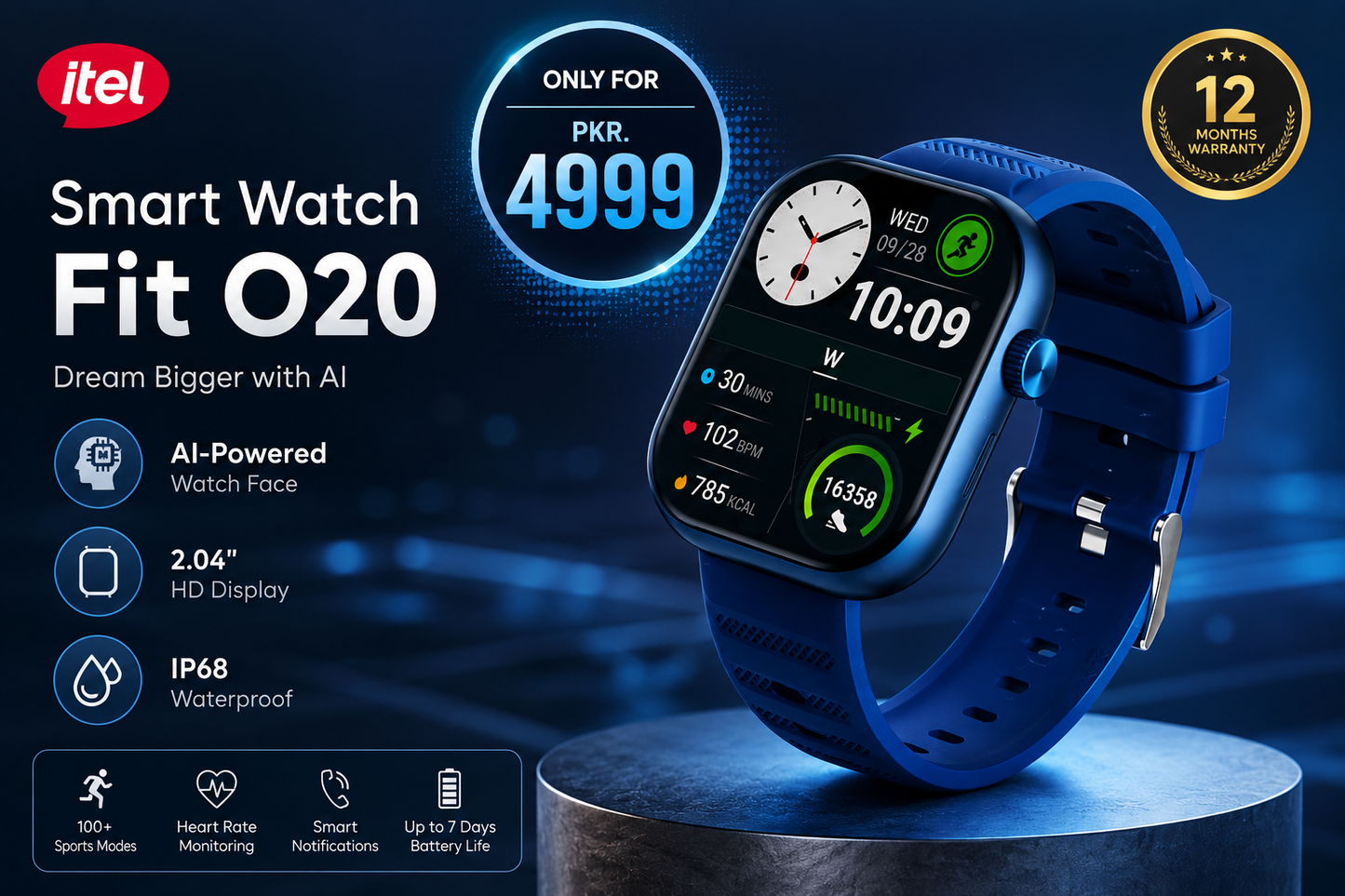 itel Smart Watch Fit O20 Bluetooth Calling Smartwatch – 2.04" HD Display, AI Watch Faces, IP68 Waterproof Fitness Tracker for Men & Women