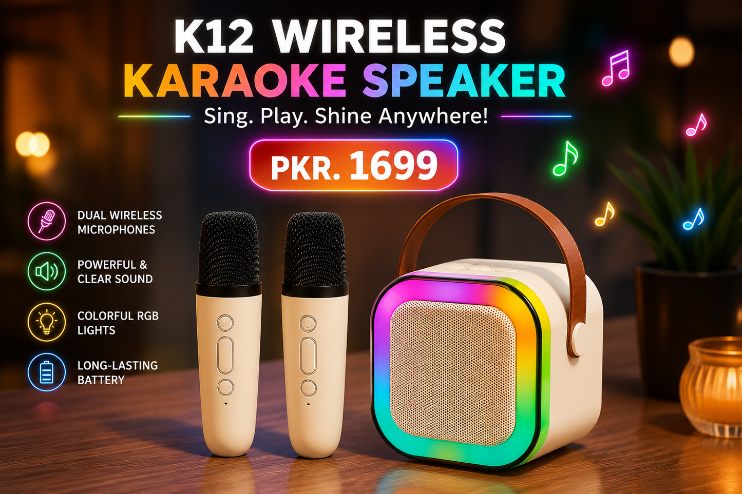 K12 Bluetooth Karaoke Machine with 2 Wireless Microphones & Portable Speaker