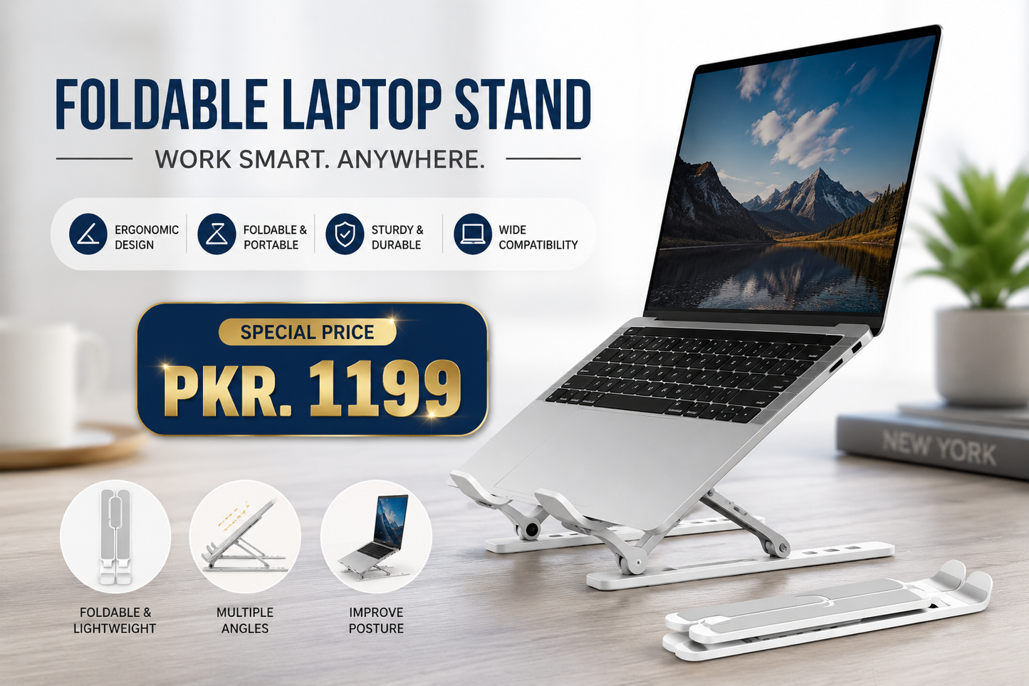 Adjustable Foldable Laptop Stand for Desk – Portable Non-Slip Laptop & Tablet Holder