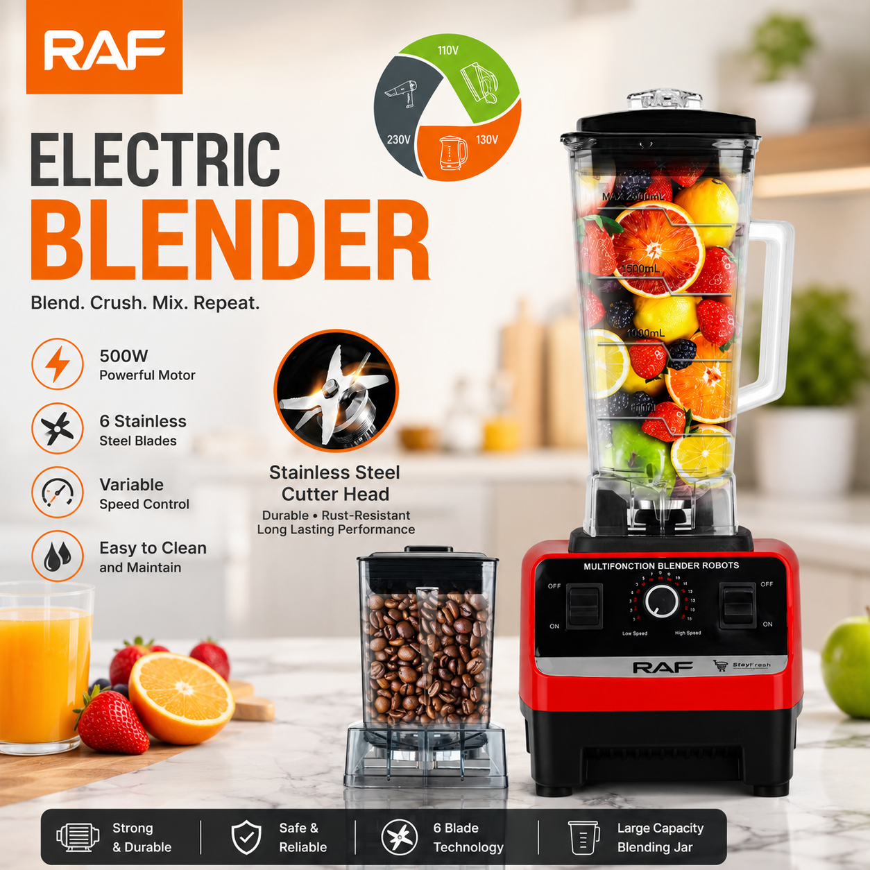 Multi-Purpose Ice Crush Smoothie Maker Blender & Juicer with Double Cups & Small Jar