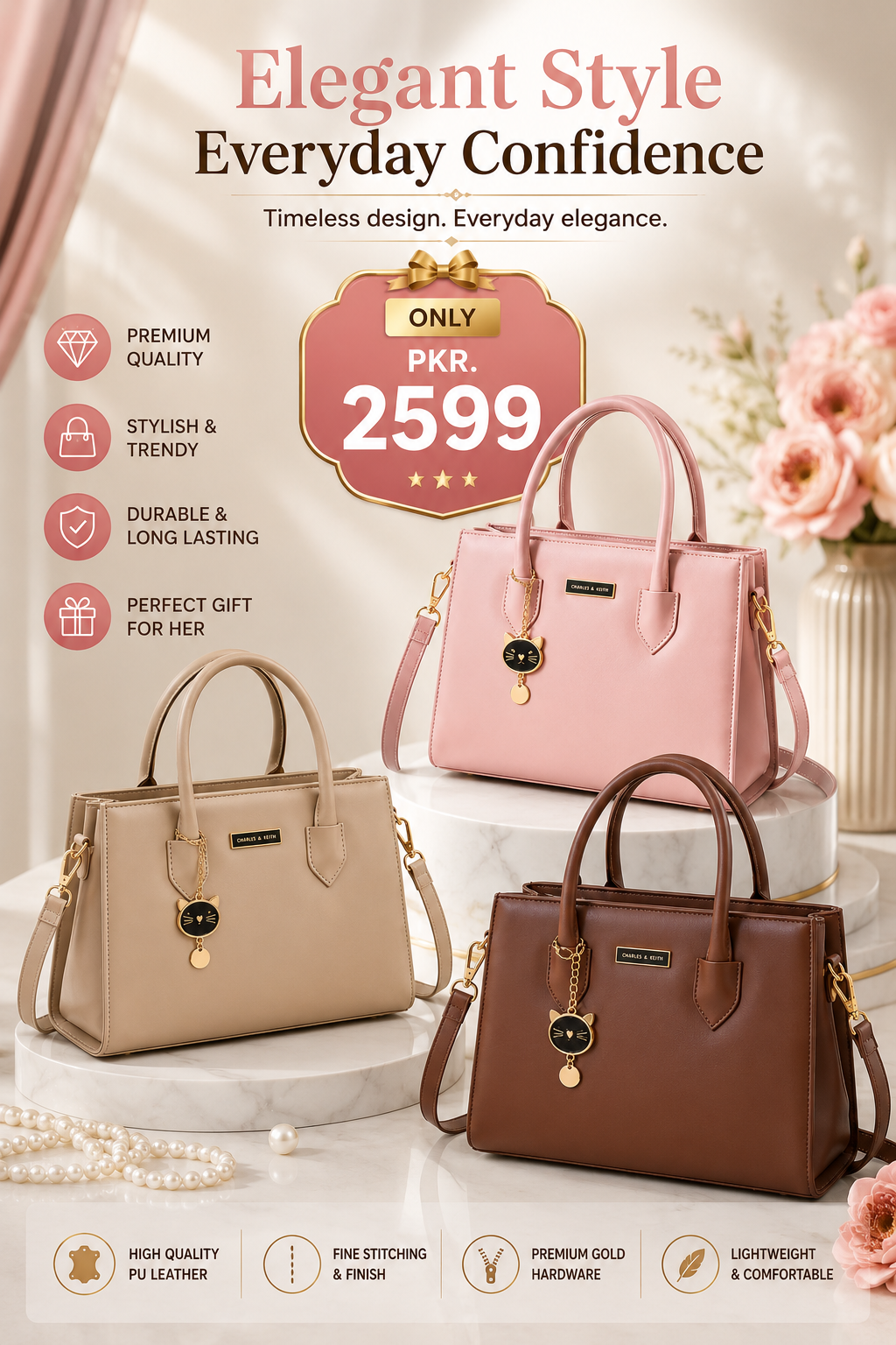 Charles & Keith Beige Double Zipper Shoulder Bag for Women