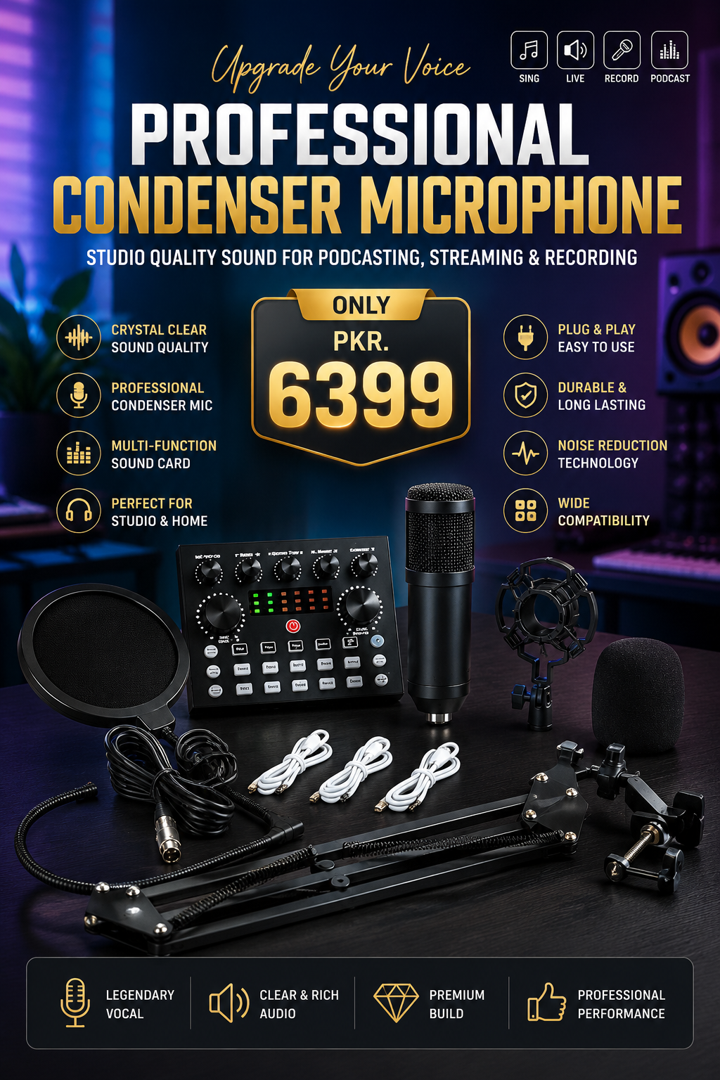 V10 BM-800 Professional Podcast Microphone Kit with Live Sound Card & Adjustable Arm Stand