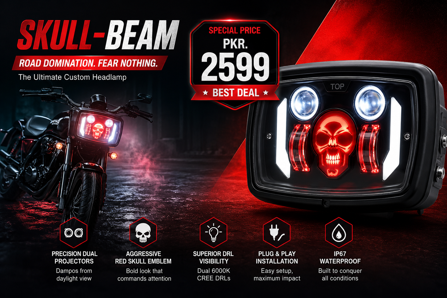 Premium Skull LED Headlight for Honda CD70 & CG125 – Aggressive Red DRL Dual Projector Motorcycle Lamp