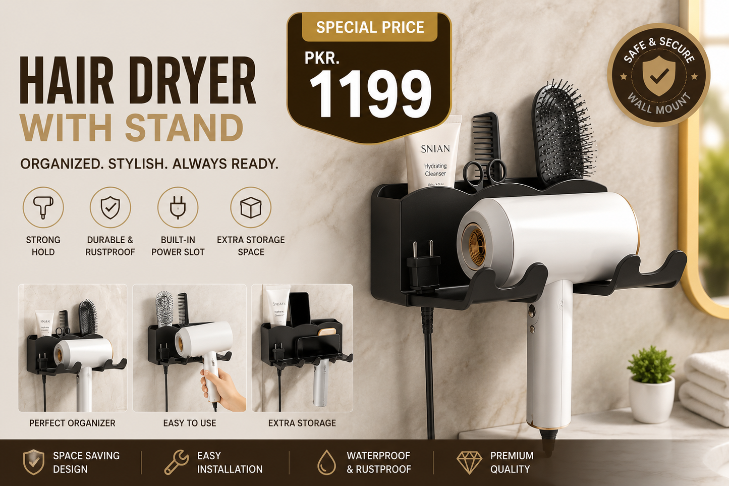 Premium Wall-Mounted Hair Dryer Holder & Storage Shelf
