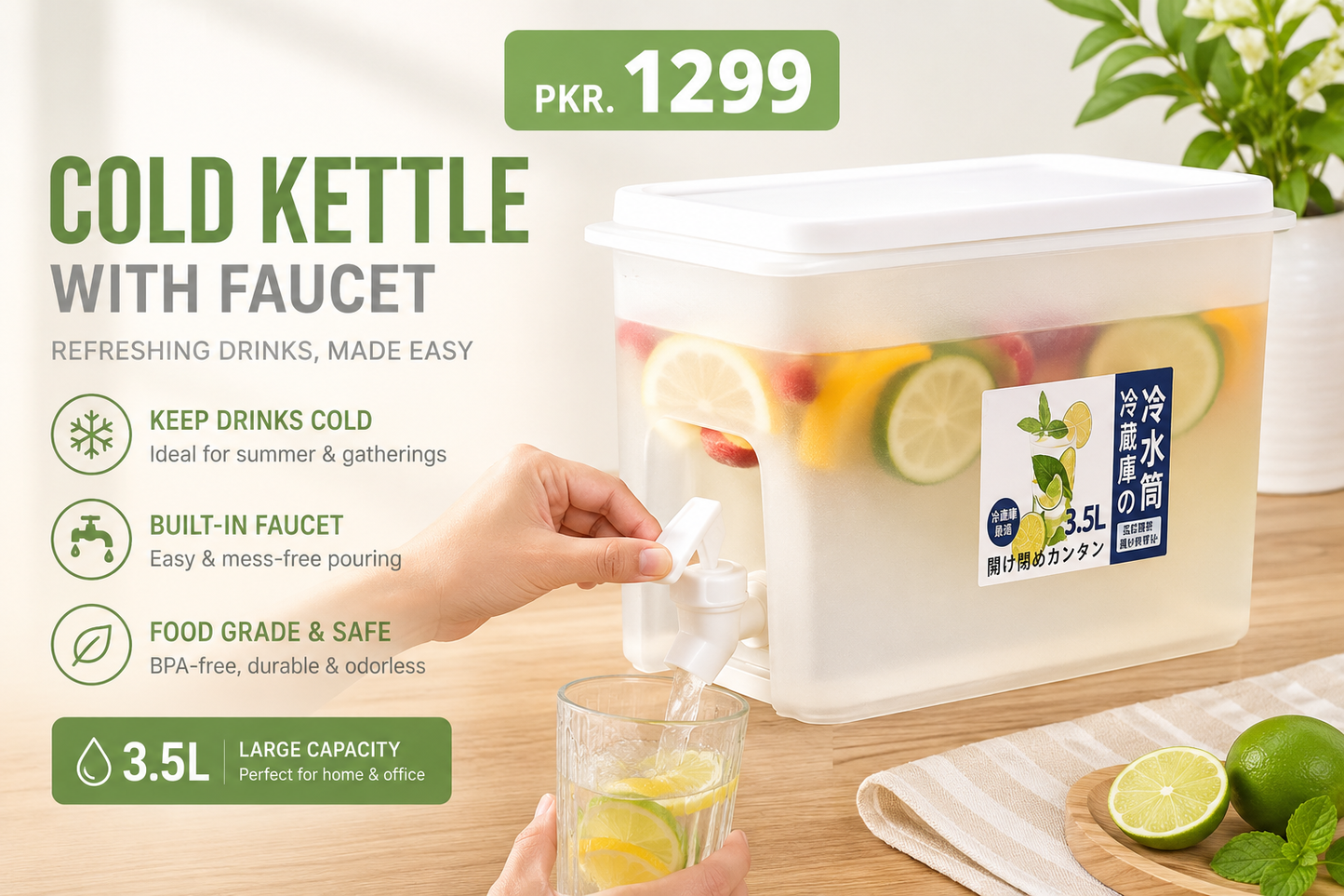 3.5L Water Dispenser with Faucet – Space Saving Fridge Bottle for Kitchen Use