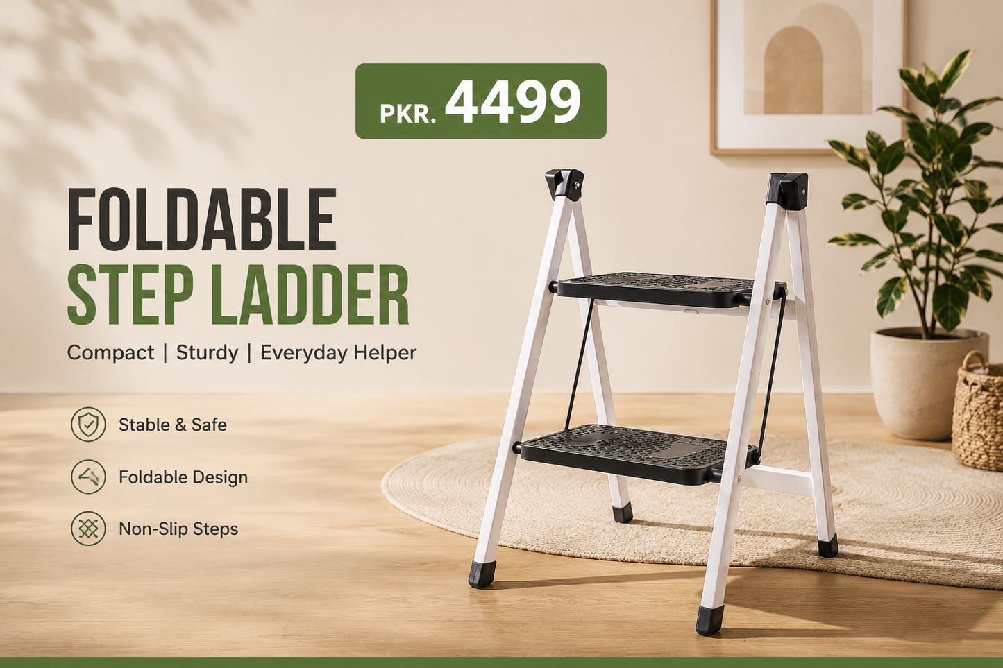 2-Step Folding Ladder Stool – Anti-Slip Safety Steps | Compact Heavy-Duty Metal Frame
