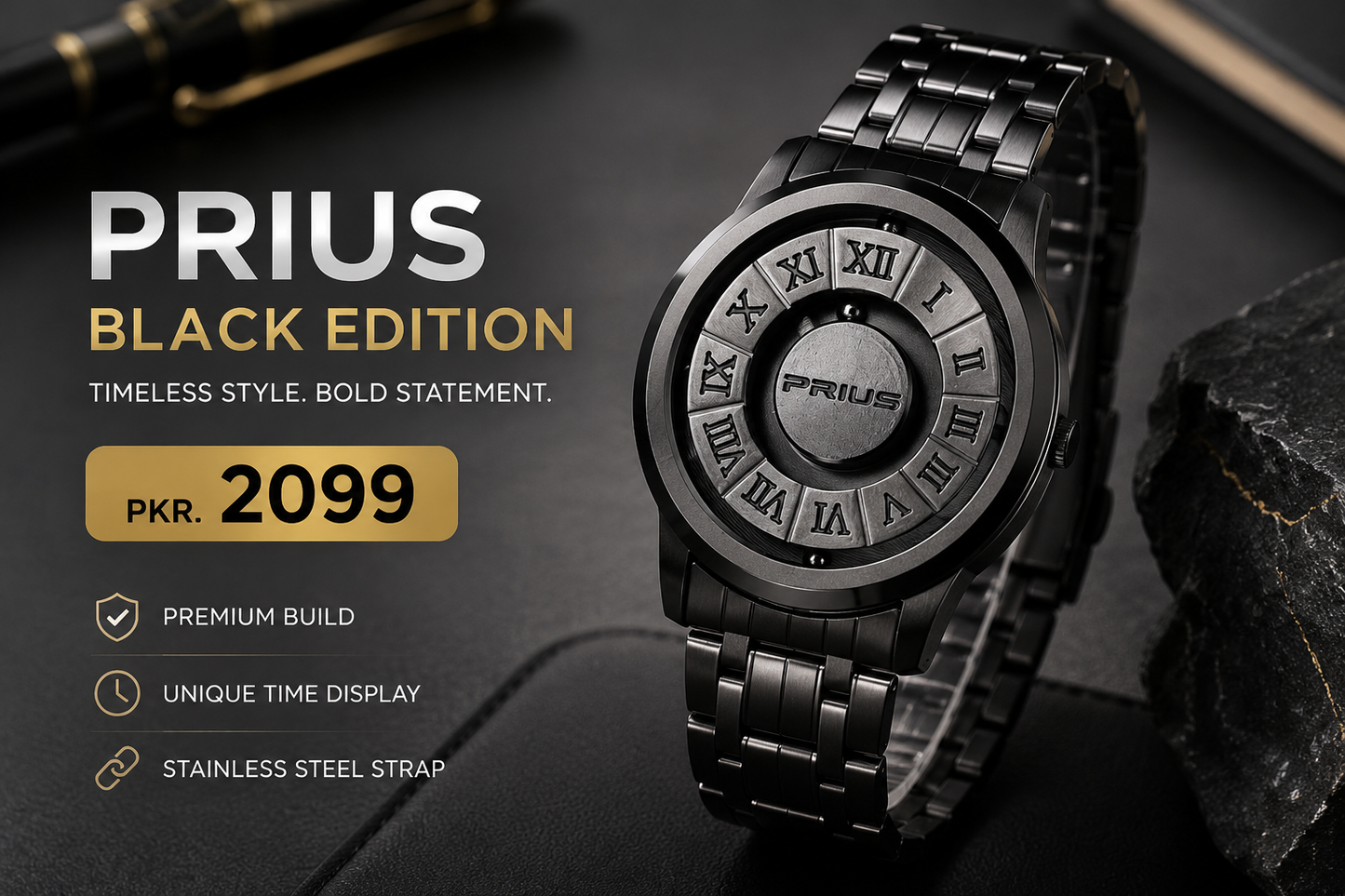 Luxury Magnetic Ball Watch – Black Stainless Steel Modern Timepiece | Premium Box Included