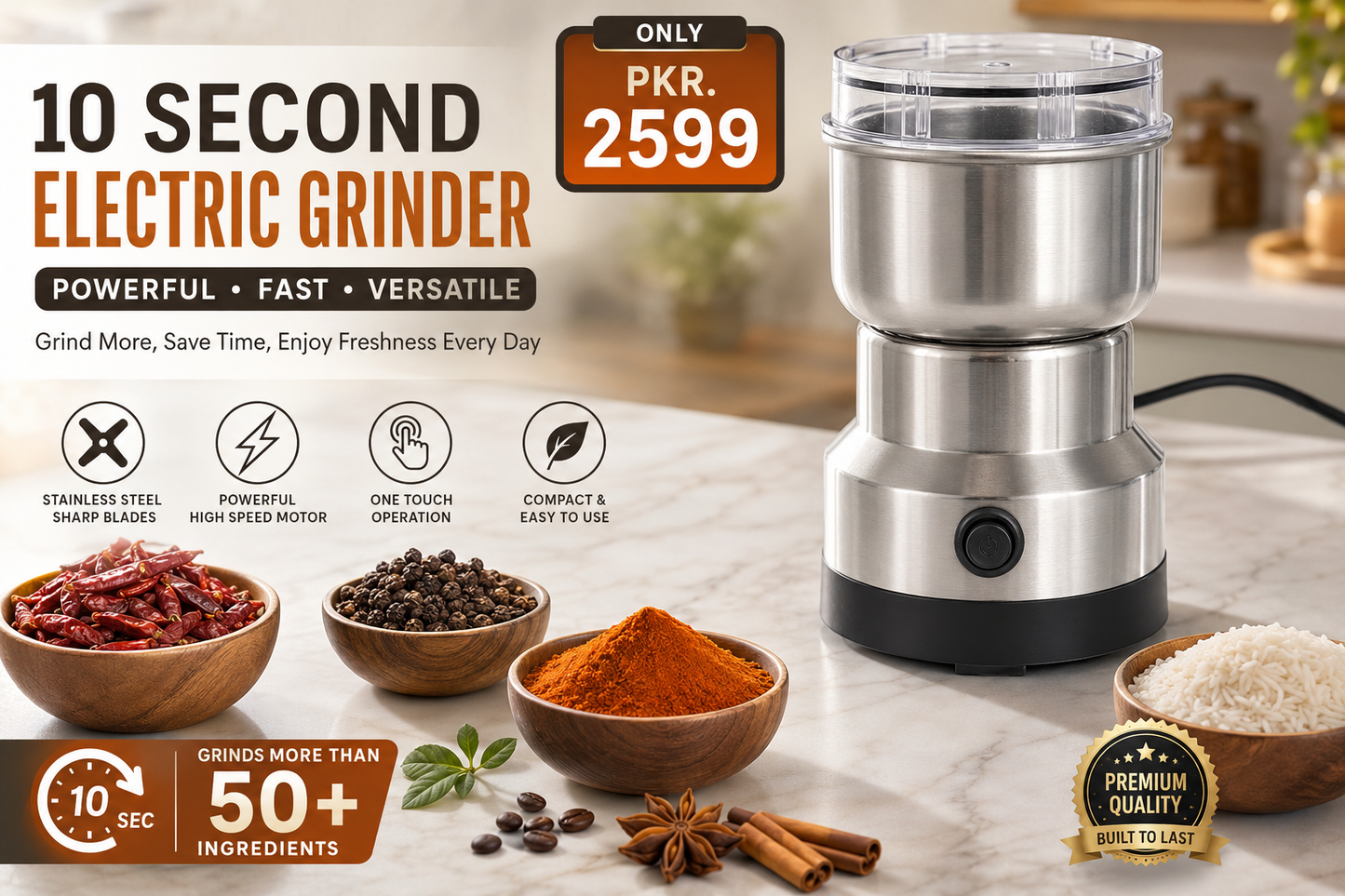 Electric Stainless Steel Spice Grinder – Multi-Purpose Kitchen Grinding Machine