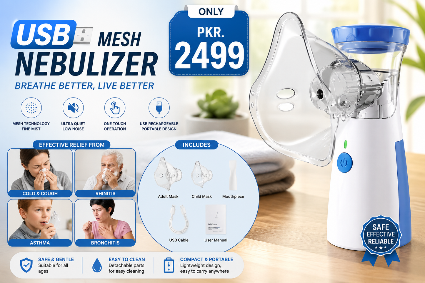 Portable USB Mesh Nebulizer – Rechargeable Quiet Inhaler Machine