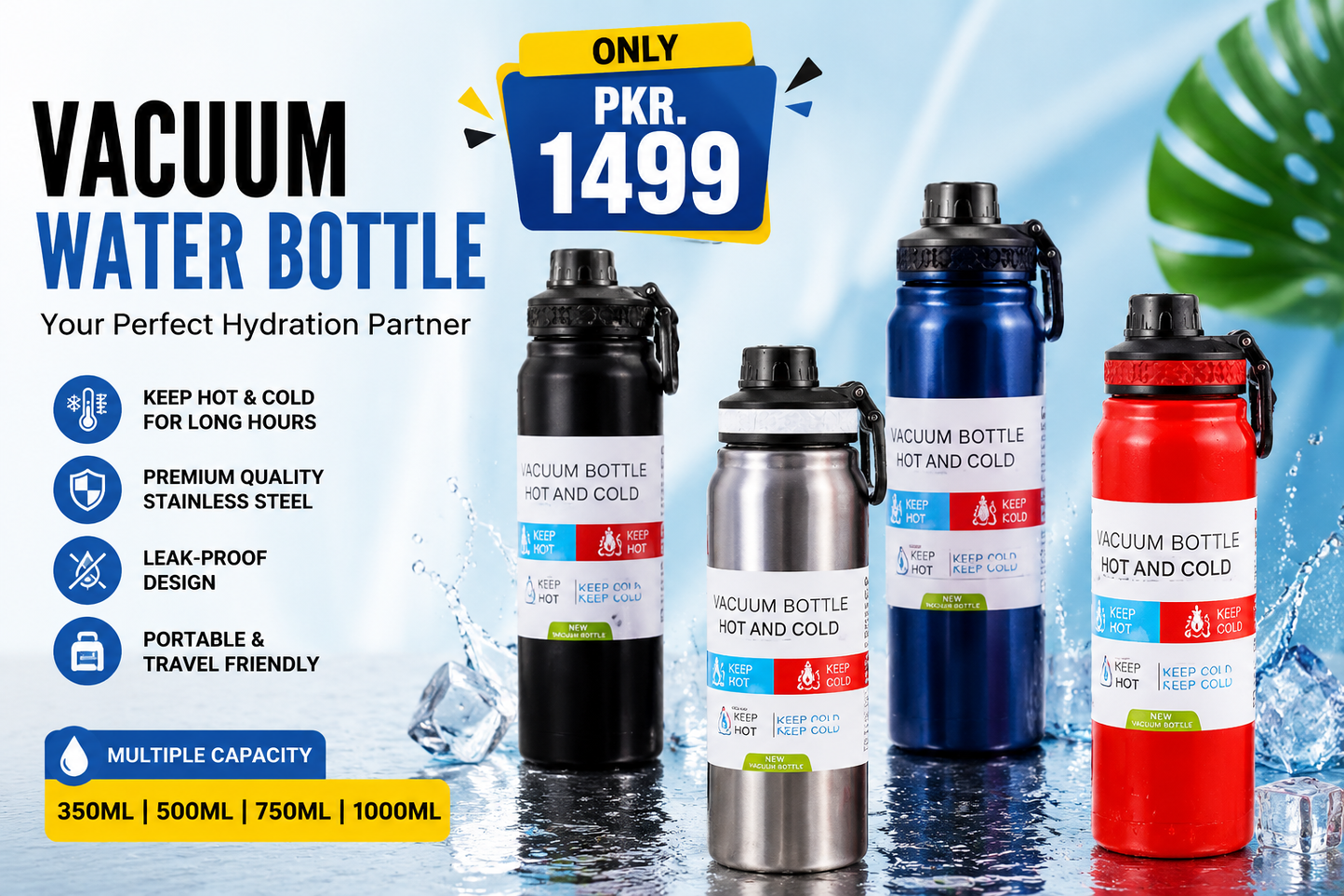 900ML Stainless Steel Vacuum Water Bottle – Double Wall Hot & Cold Insulated Flask