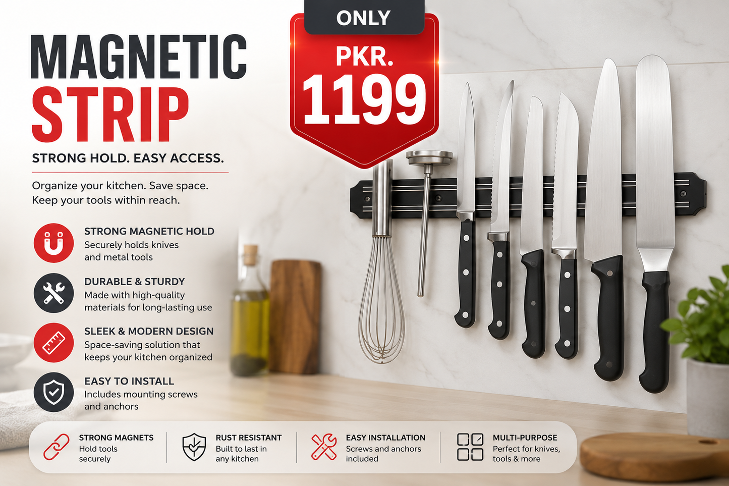 Wall Mounted Magnetic Knife Holder 33cm – Stainless Steel Kitchen Knife Rack Organizer, Strong Magnetic Strip for Knife Storage